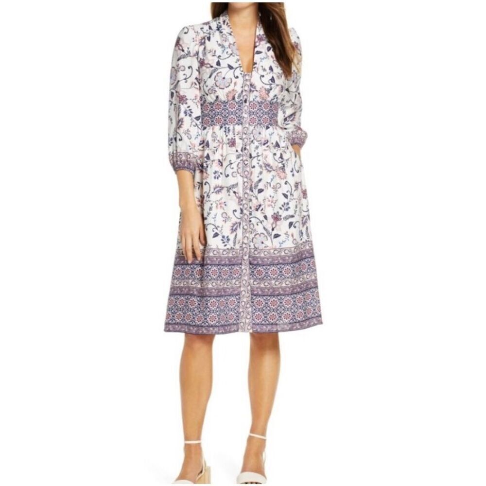 Eliza J Women’s Size 4 Boho Floral Midi Dress – V-Neck Button Front 3/4 Sleeve